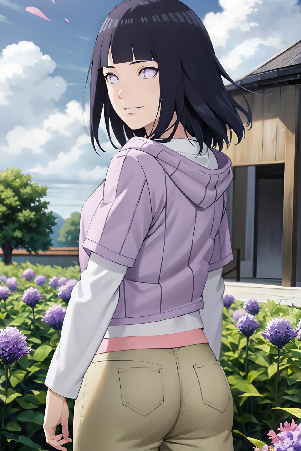 A woman wearing a pink sweater and white shirt posing in a garden.
