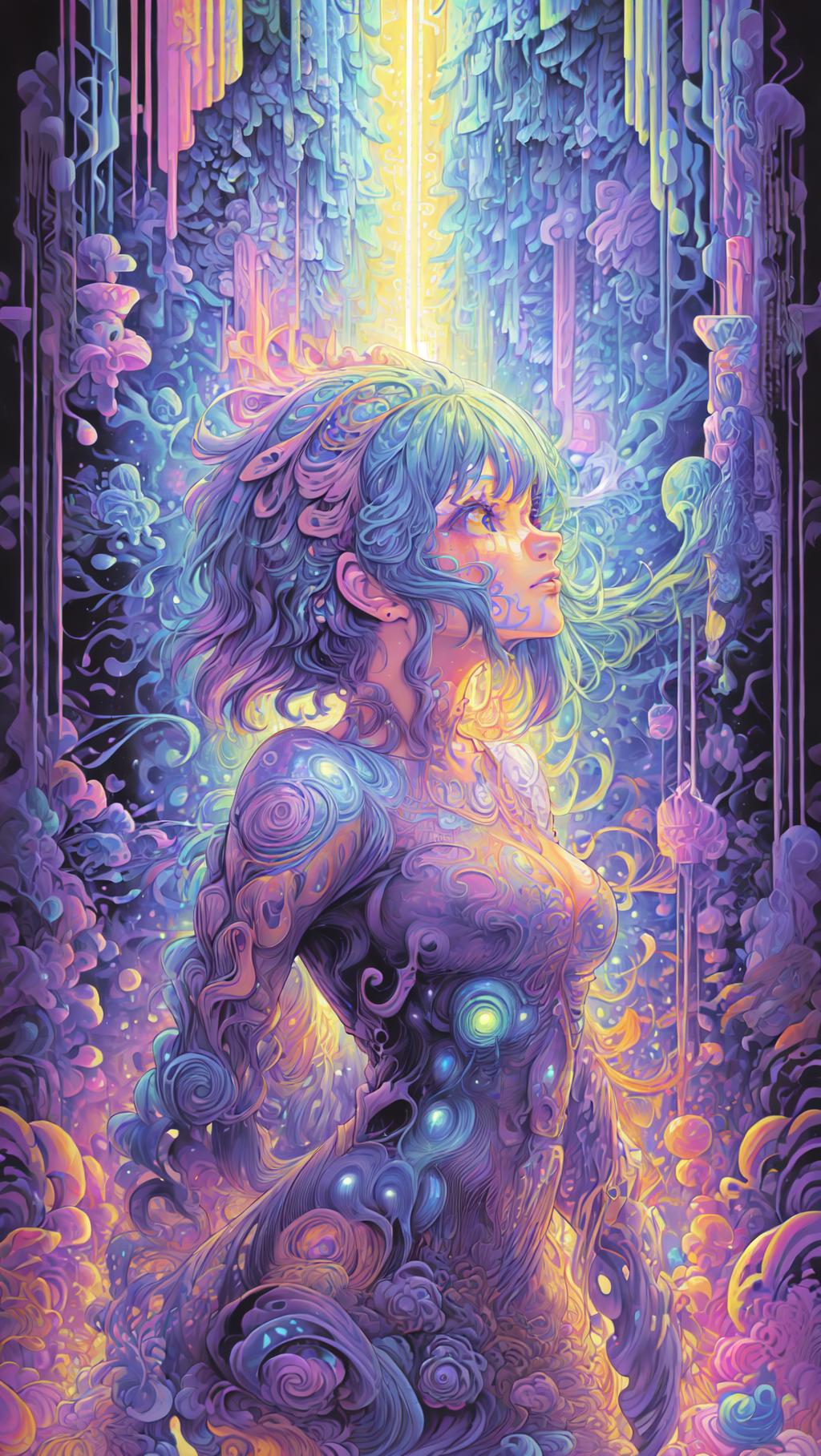 A colorful fantasy artwork of a woman with green hair and blue eyes, surrounded by a vibrant and psychedelic background.