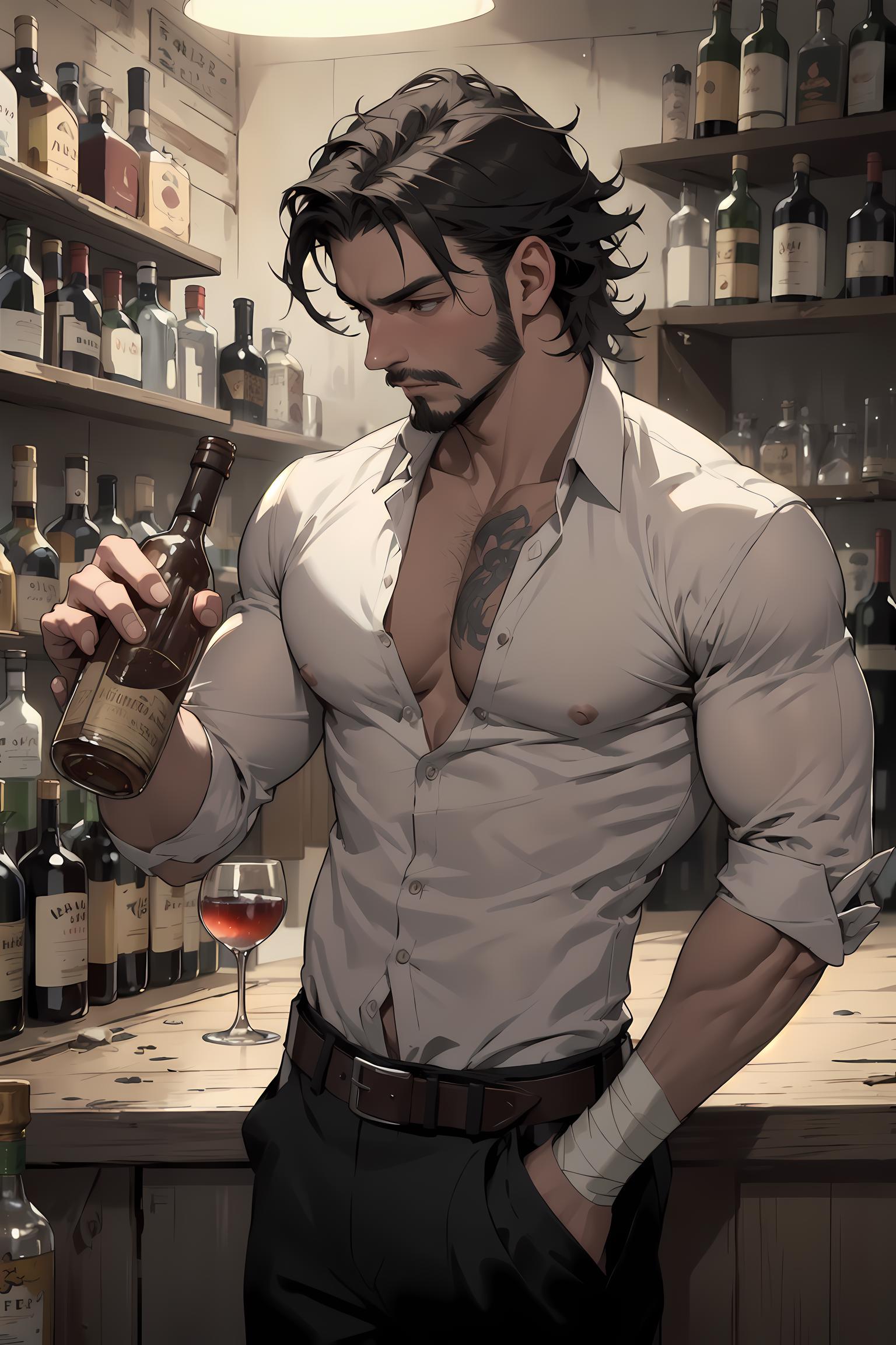 Drawing of a man holding a bottle of wine in front of a shelf full of wine bottles.