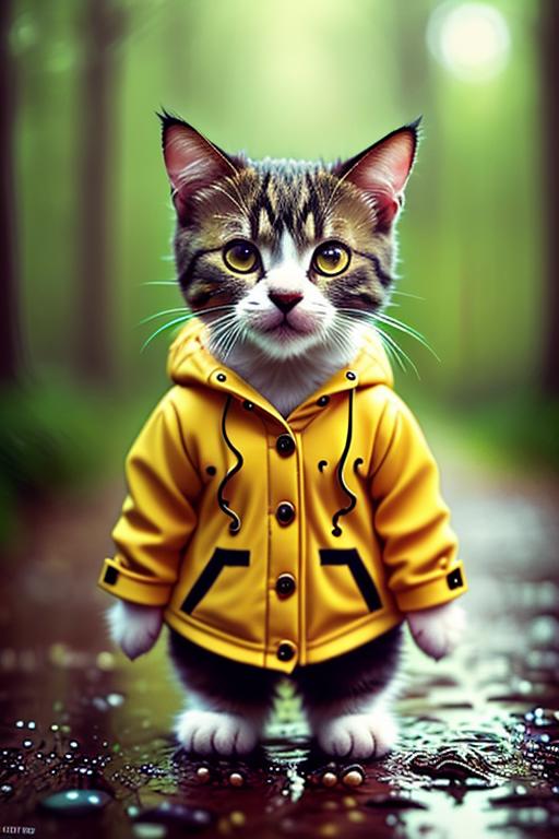 A gray and white cat standing in rain wearing a yellow raincoat.