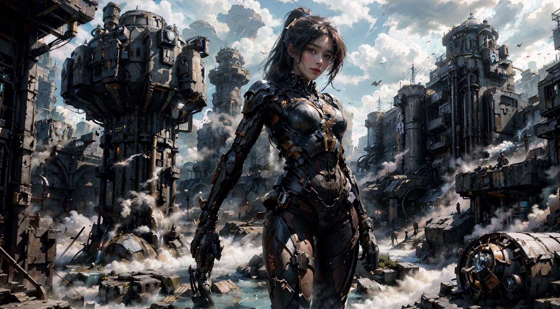 Anime-style, futuristic female warrior with a sword in hand, standing in front of a futuristic cityscape.