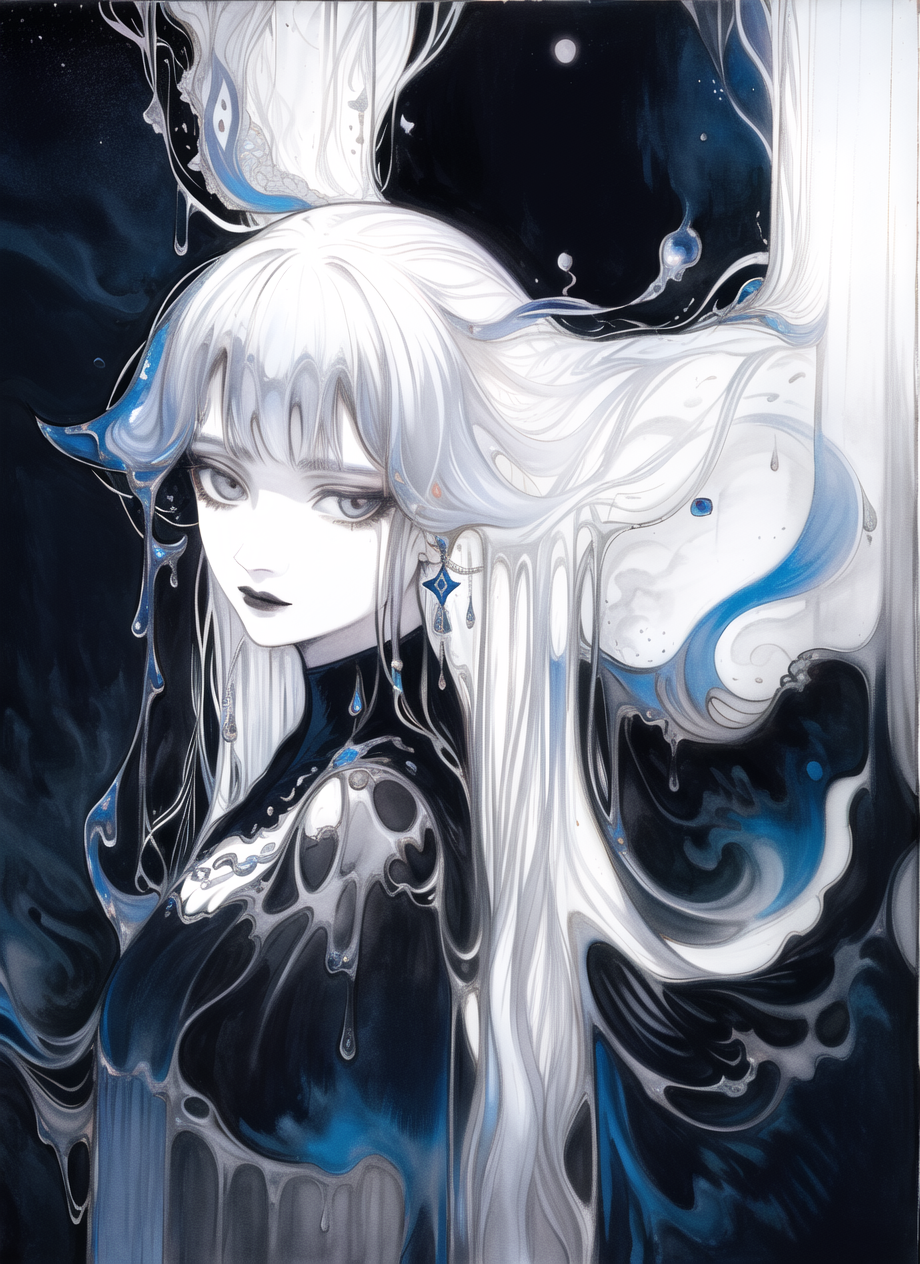 Artistic Illustration of a Woman with Long White Hair and Tears Running Down Her Face
