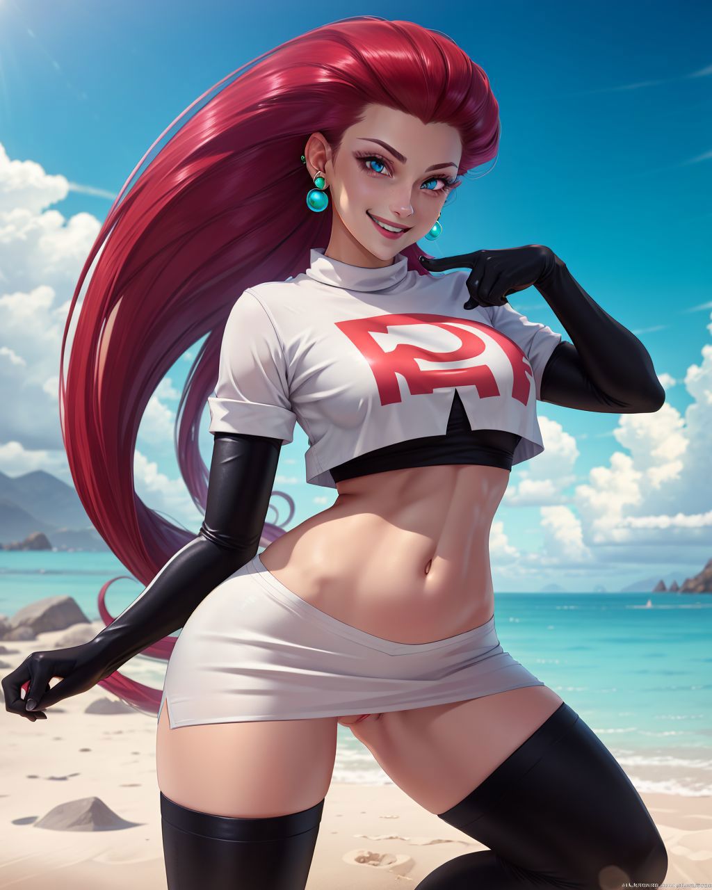 A cartoon woman in a white and red shirt poses near the ocean.