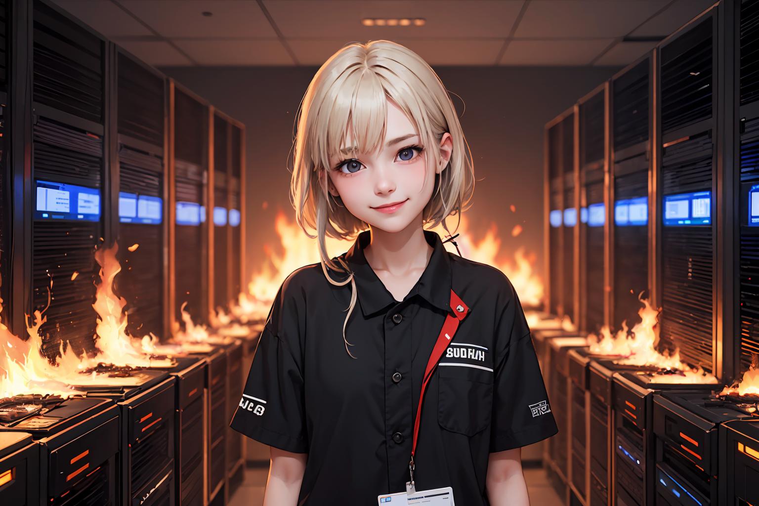 A woman in a black shirt with a Subaru logo on it is standing in front of a wall of fire.