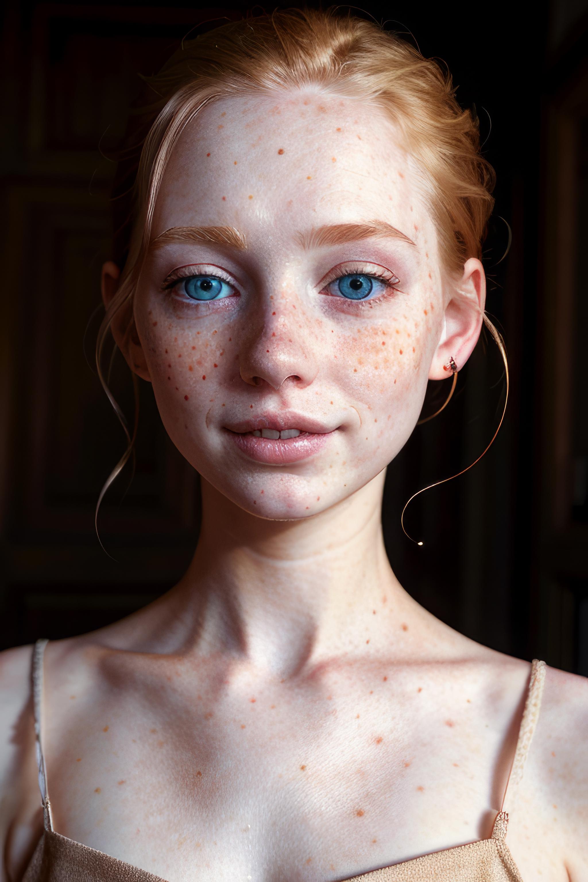 A young woman with freckles and blue eyes posing for a close-up photograph.
