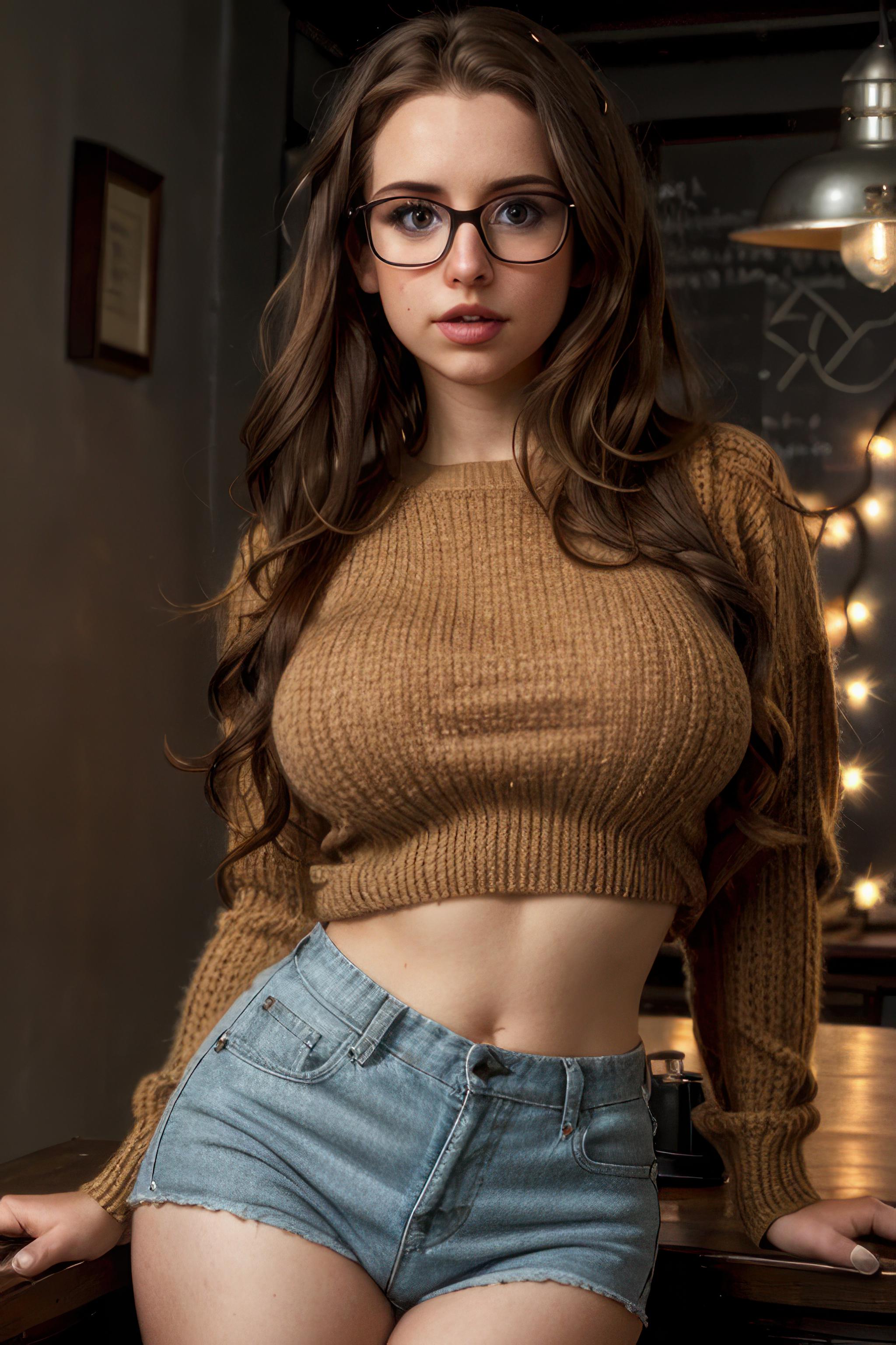 A young woman in glasses wearing a brown sweater and blue jeans.