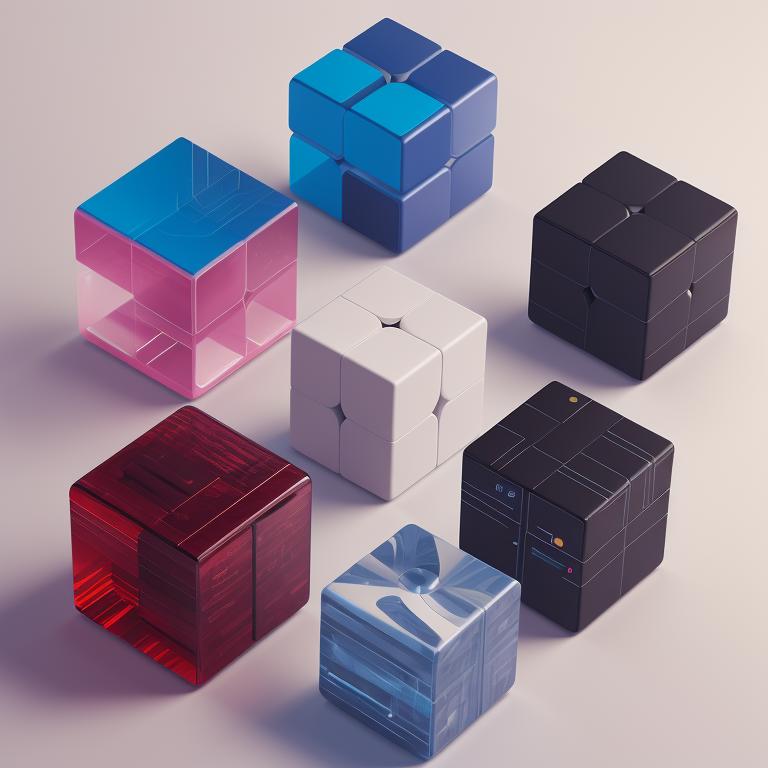 A collection of six different colored Rubik's cubes.