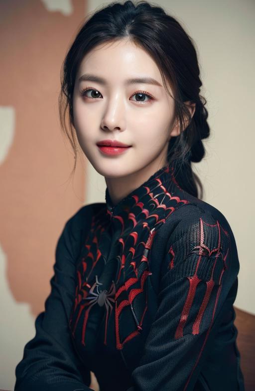 A beautiful woman wearing a black shirt with a spider web pattern and red lips.