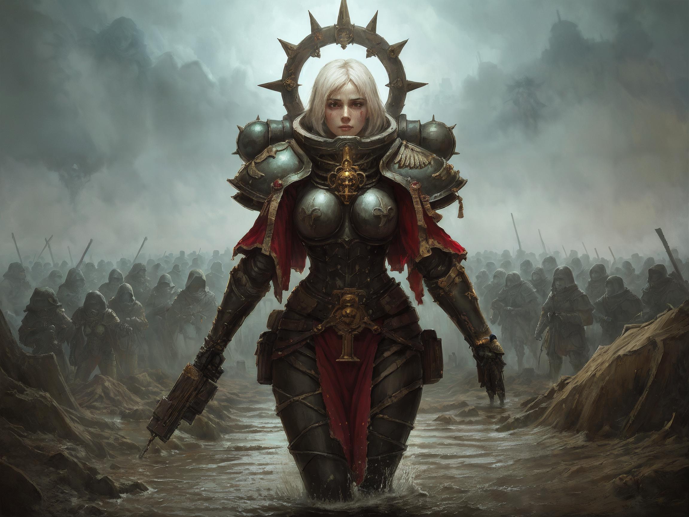 A Warrior-like Lady with Blonde Hair in a Medieval Fantasy Scene