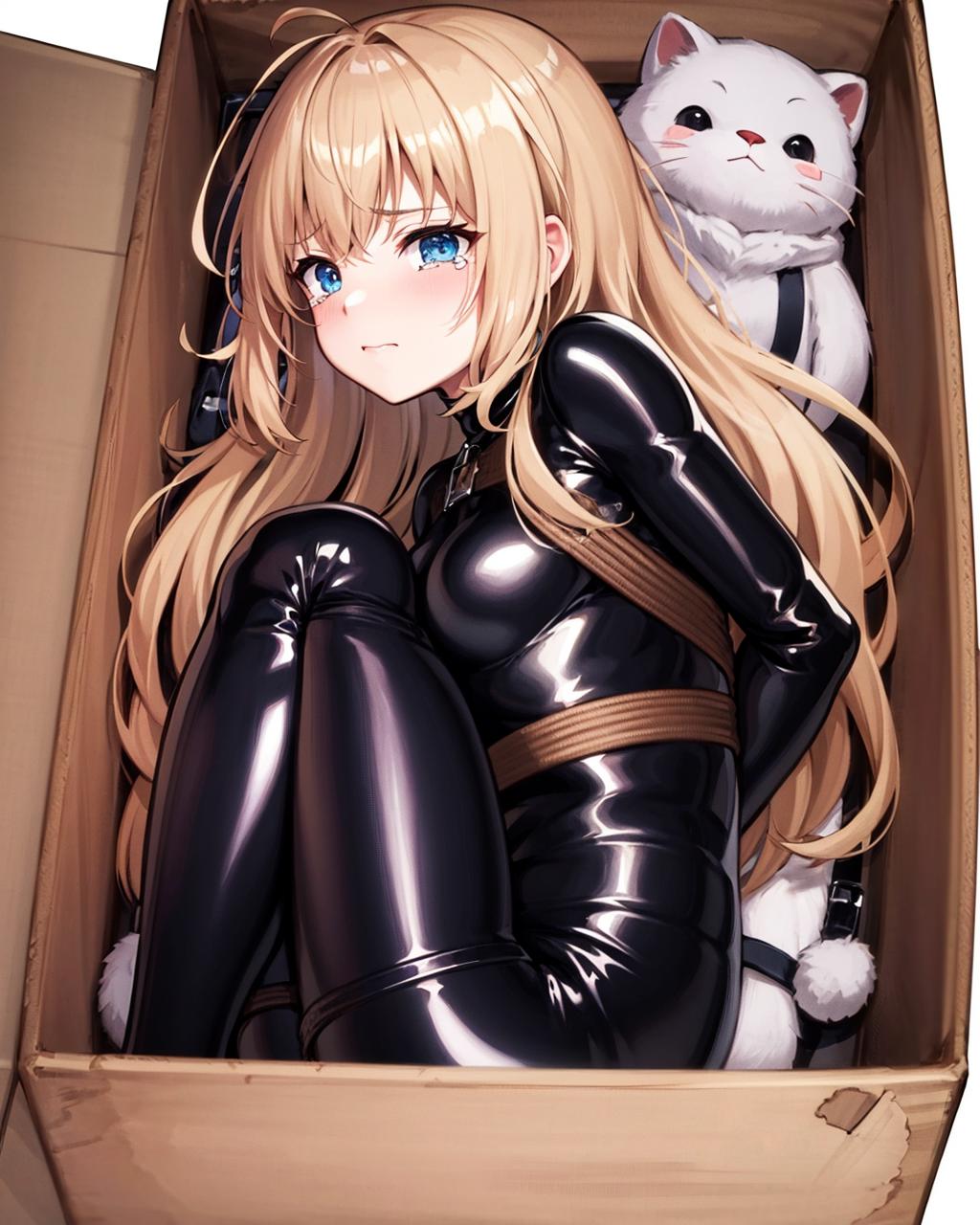 A young girl wearing a black catsuit is sitting in a cardboard box with a white teddy bear.