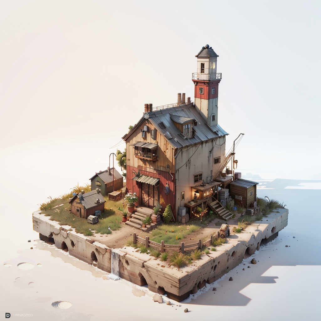 A model of a house with a lighthouse on top, surrounded by grass and rocks, and a waterfall behind it.