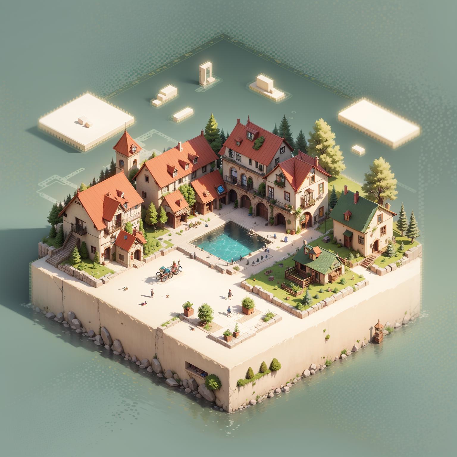 A 3D Model of a Town with a Swimming Pool and Boats