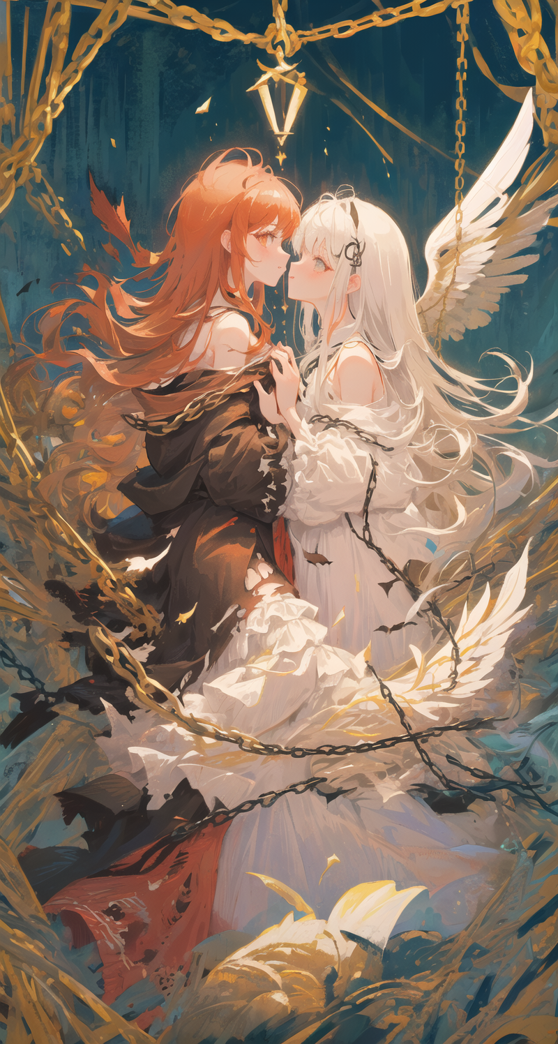 Two women with wings and chains, kissing each other in a fantasy setting.