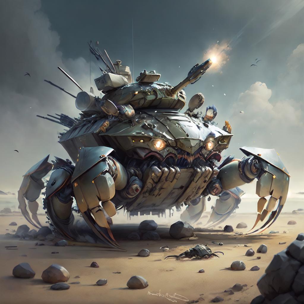 A robotic crab with guns and tank on its back.