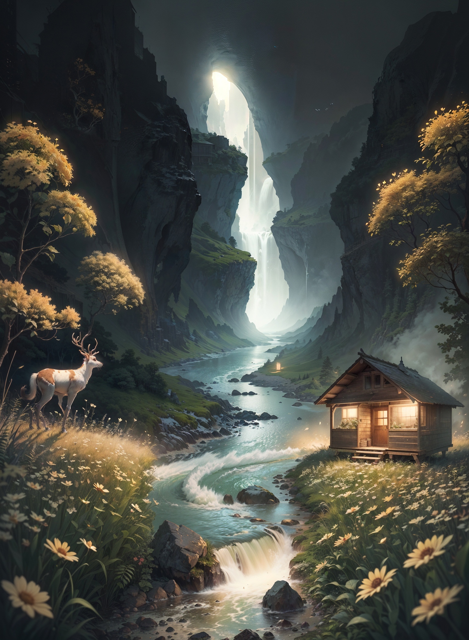 Painting of a house and deer near a river and waterfall.