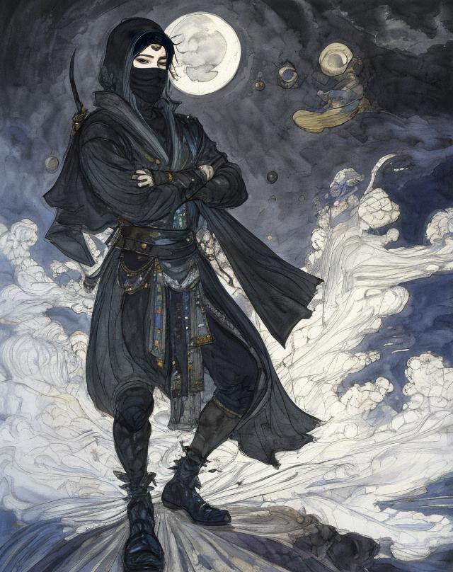 A man dressed in a black robe, standing on a cloud-filled night sky, with the moon in the background.