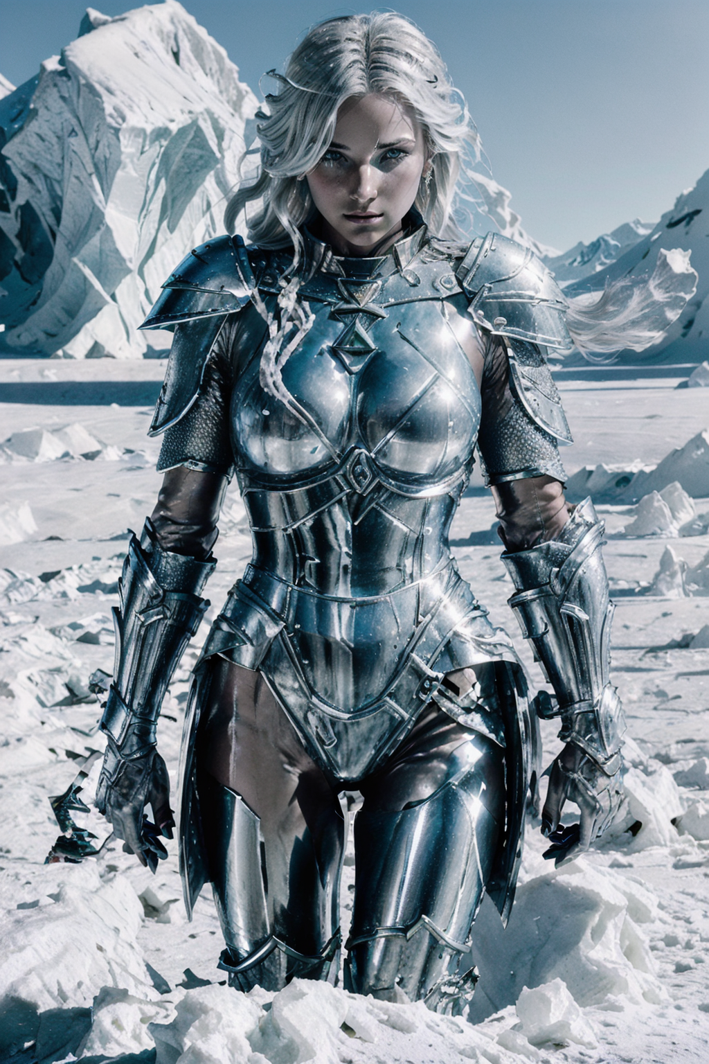 A woman in a silver armor suit standing in a snowy environment.