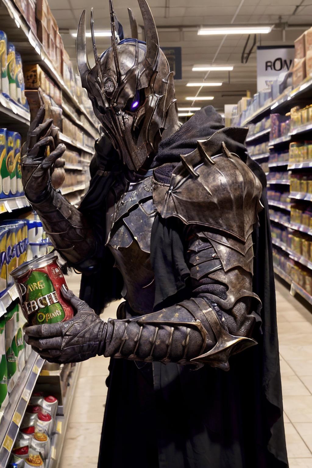A man in a costume holding a can of Daredevil soup in a grocery store aisle.