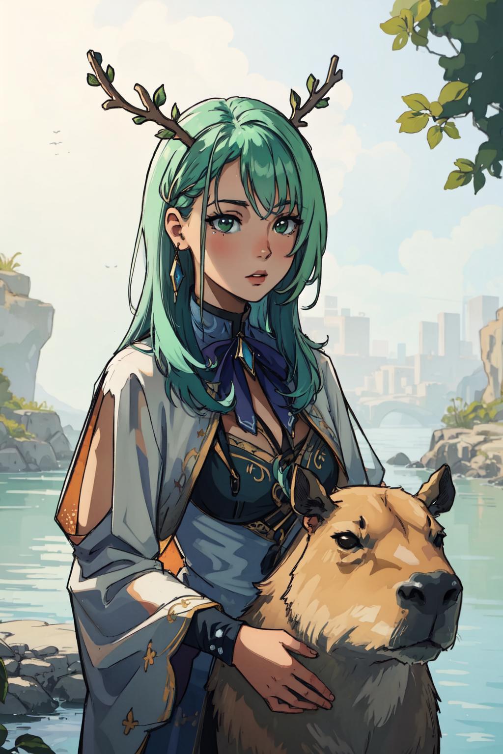 A woman with long green hair and a blue bow holds a brown dog.