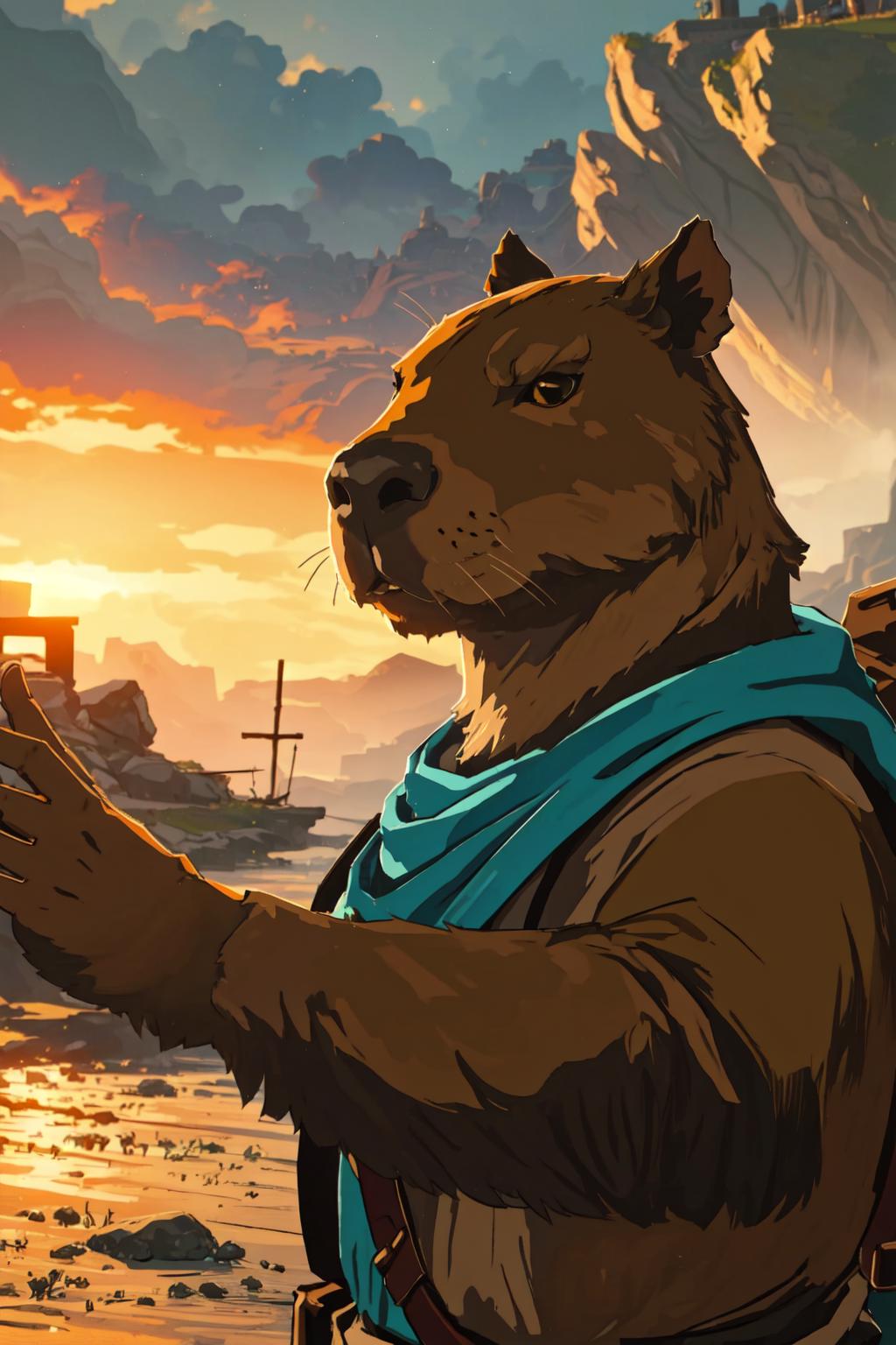 An animated beaver with a blue scarf standing in front of a sunset.