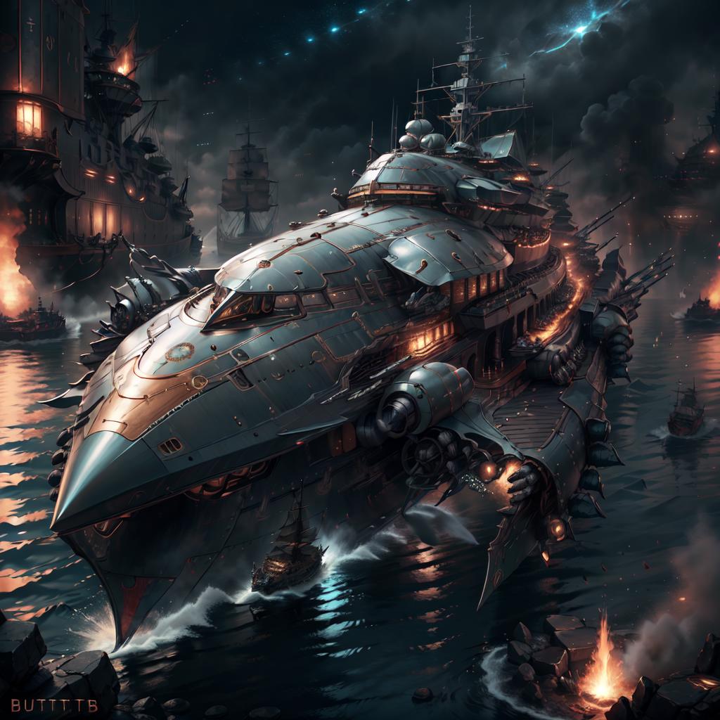 A Steampunk Warship Battleship with Two Submarines in the Water