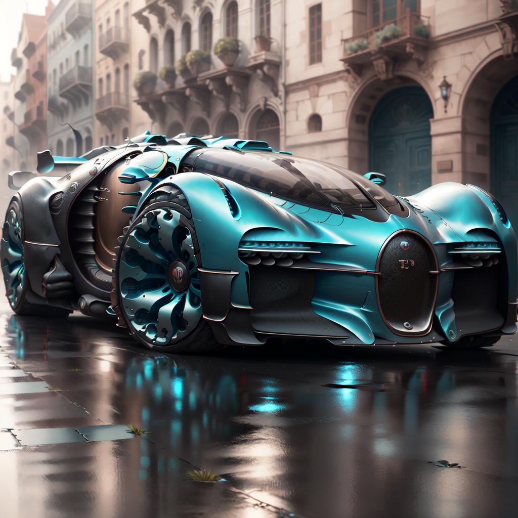 Blue Bugatti Car Parked on Rainy Road in Front of a Building