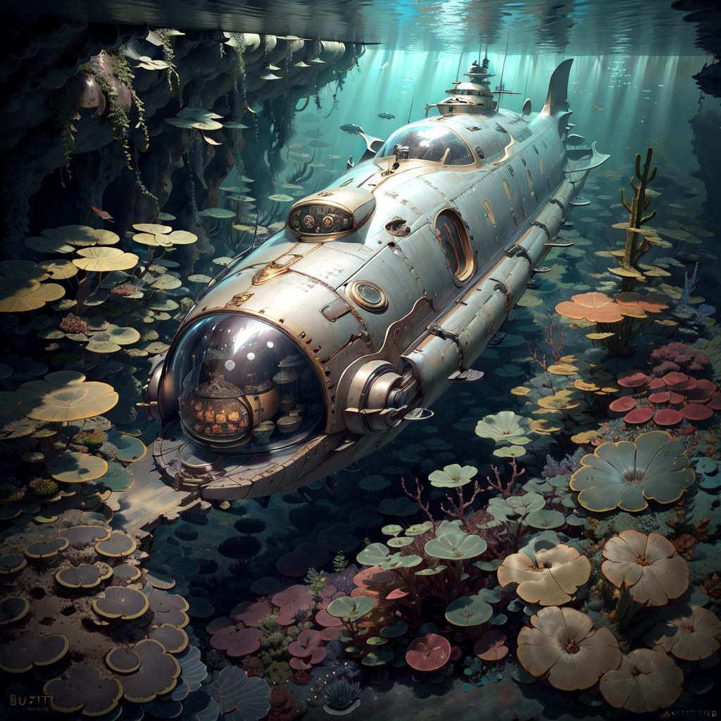 An underwater submarine with a mushroom cap, surrounded by colorful sea plants and marine life.