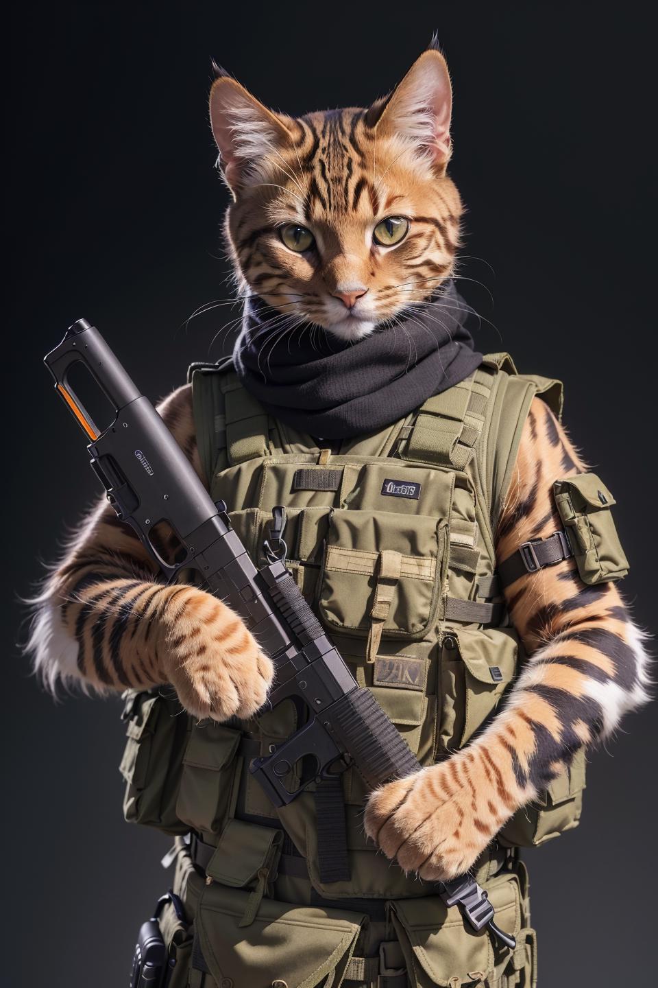 A stuffed toy cat wearing a military uniform and holding a gun.