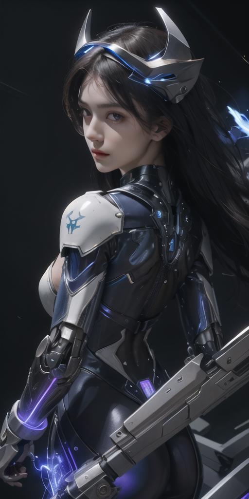 A beautifully rendered CGI image of a woman in a blue and white outfit holding a gun, with her hair blowing in the wind.
