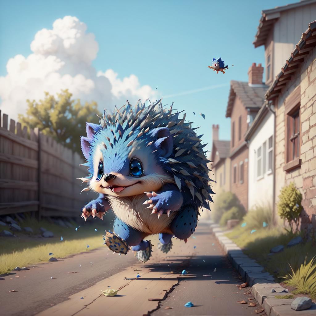 A blue and white cartoon hedgehog running down a road.