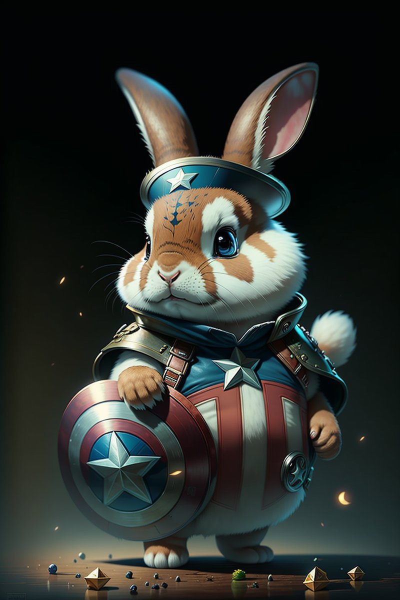 A cute bunny dressed up as Captain America holding a shield.