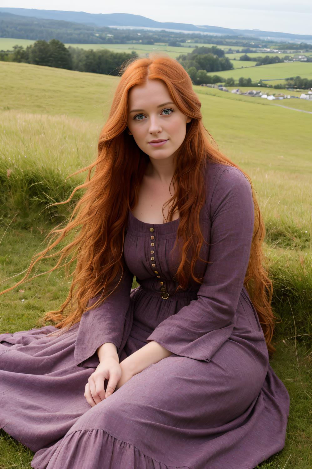 Lady with Long Red Hair Sitting in a Field