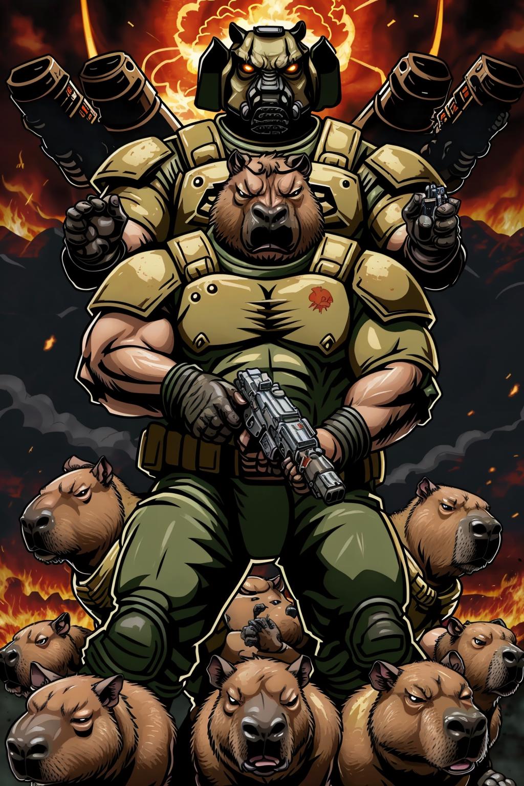 Anime-style cartoon drawing of a soldier holding a gun, with multiple bears surrounding him.