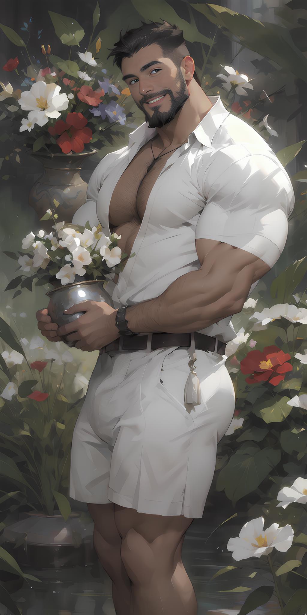 A muscular man holding a vase of flowers.