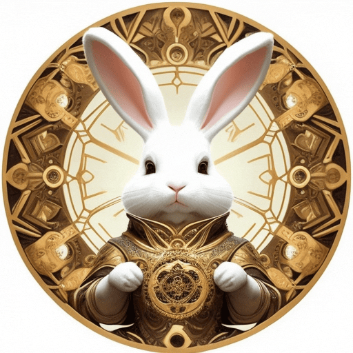 Rabbit with a golden armor holding a key, surrounded by a clock and other symbols.
