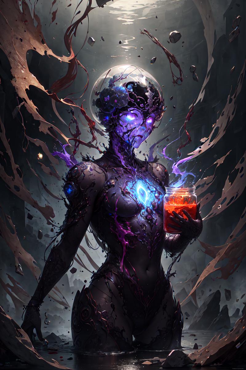 Woman with purple and black skin holding a jar of red liquid, surrounded by chaotic and dark background.