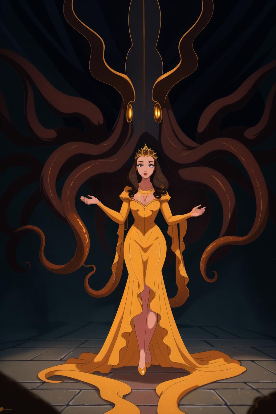 A Princess with Long Hair and a Crown Standing in a Dark Hallway.