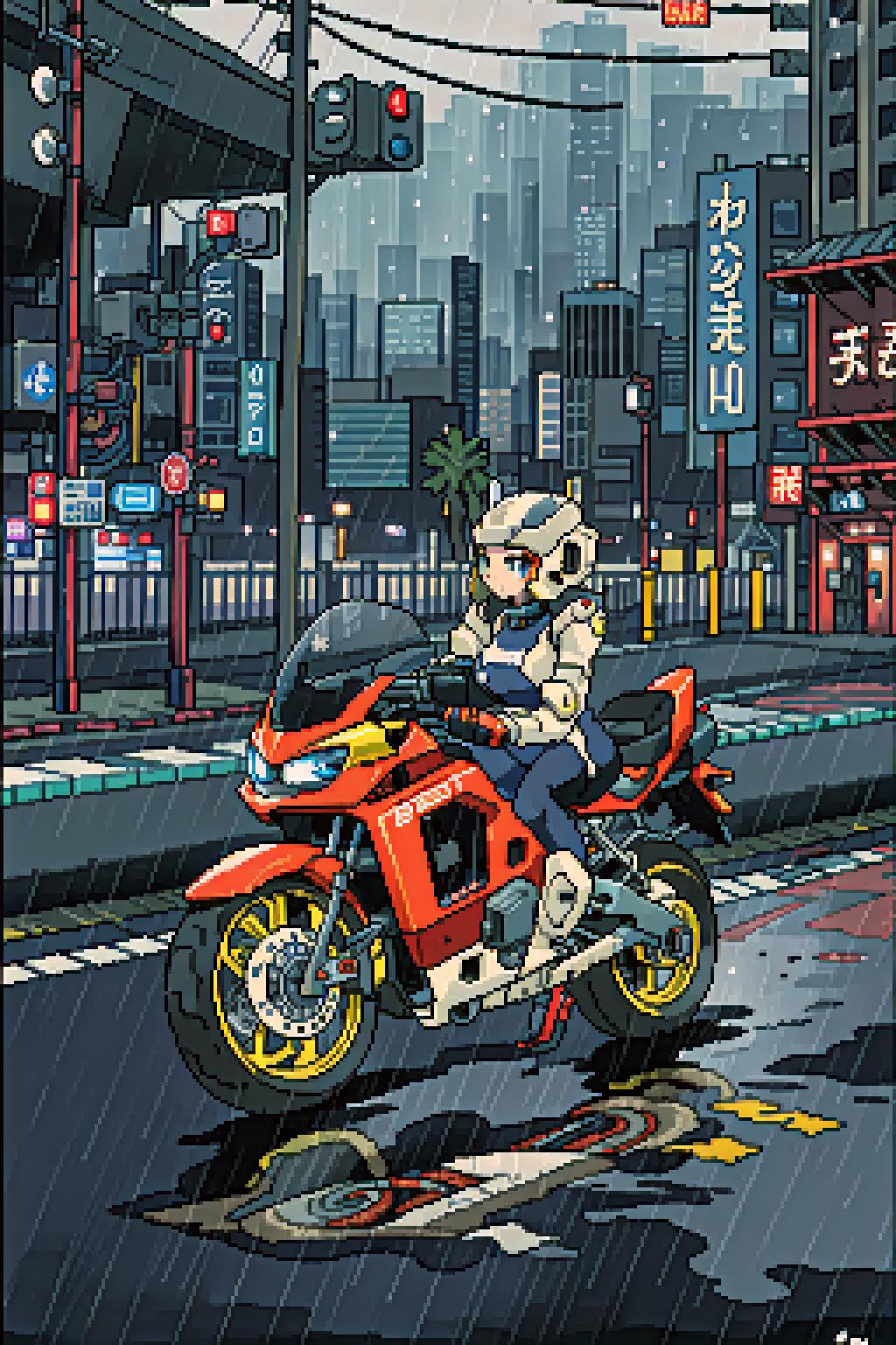 A cartoon image of a woman riding a red motorcycle on a city street.