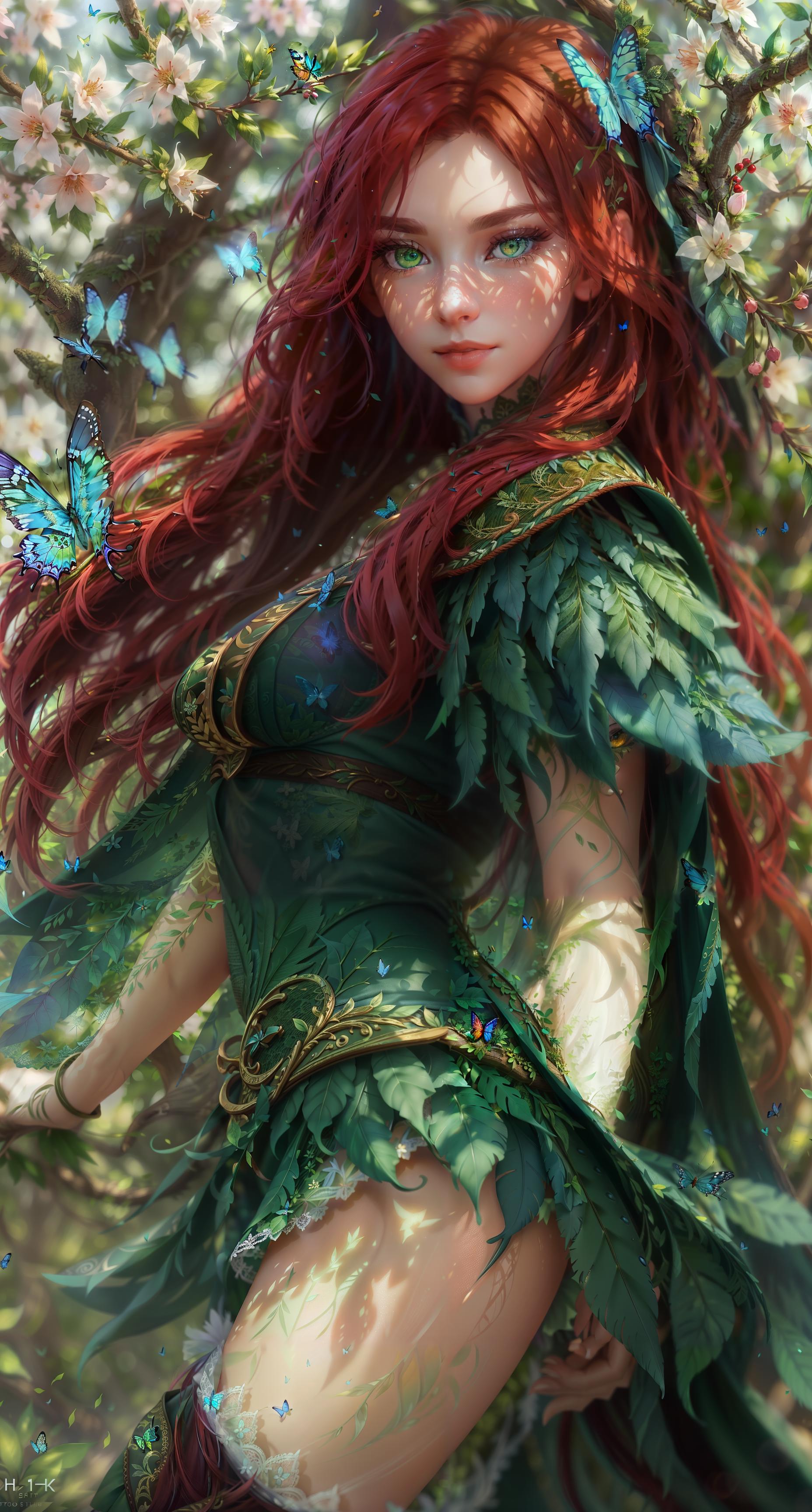 A woman in a green dress with red hair and green leaves on her shoulders.