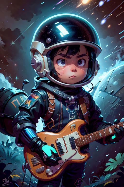 Astronaut playing a guitar with a frowning expression.