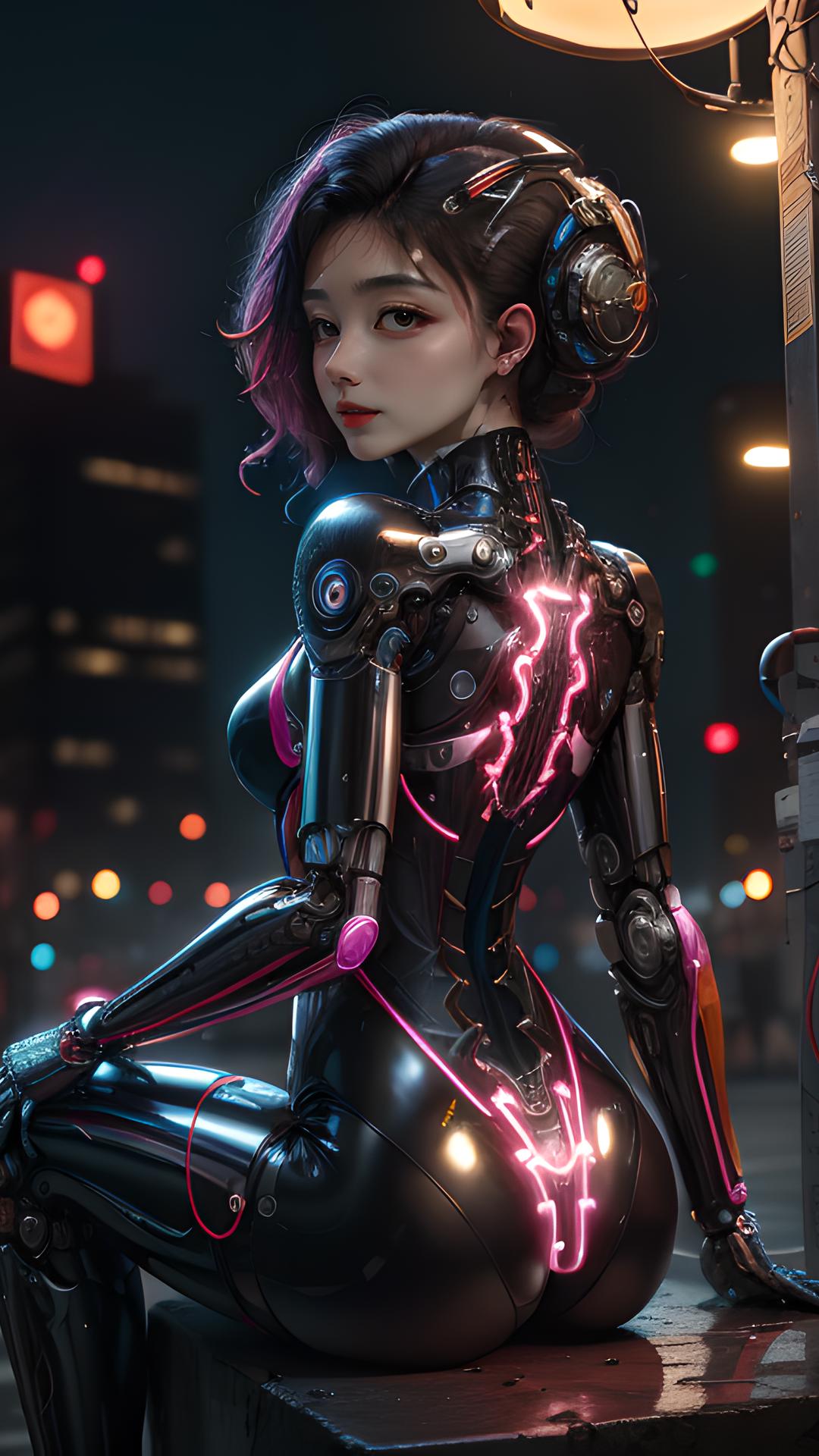 A woman in a futuristic outfit with pink and purple accents standing on a city street.