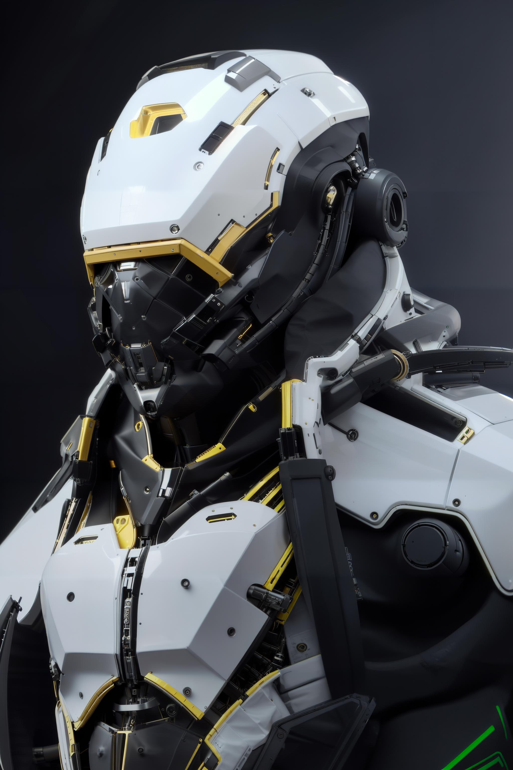 White and gold robot with black and yellow accents.