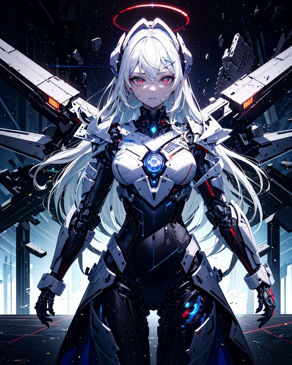 A robotic female character with long blonde hair and red eyes.