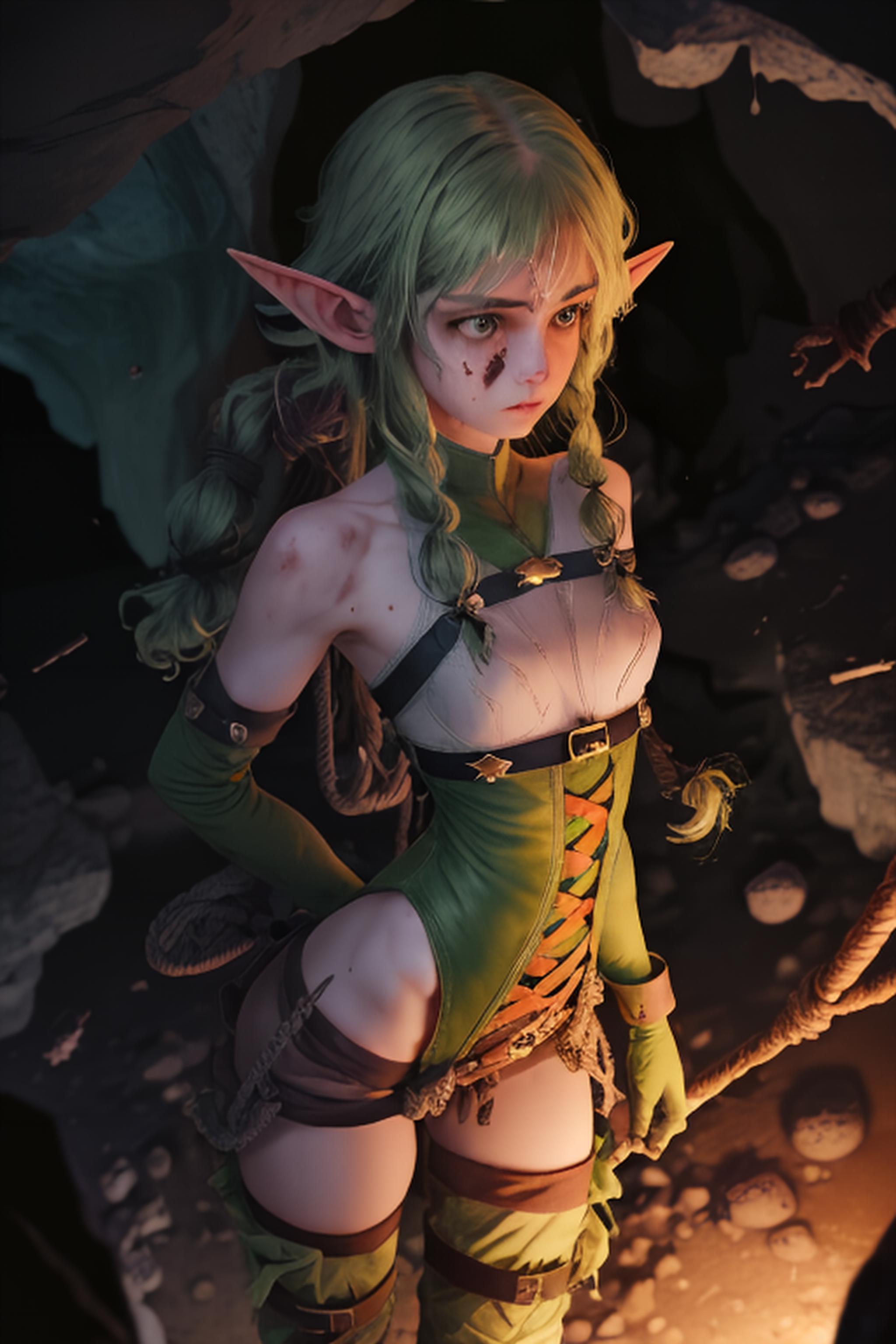 A computer-generated image of a green-haired elf woman with a green dress, wearing a belt and standing in a dark environment. The scene includes a rope and a few rocks nearby.