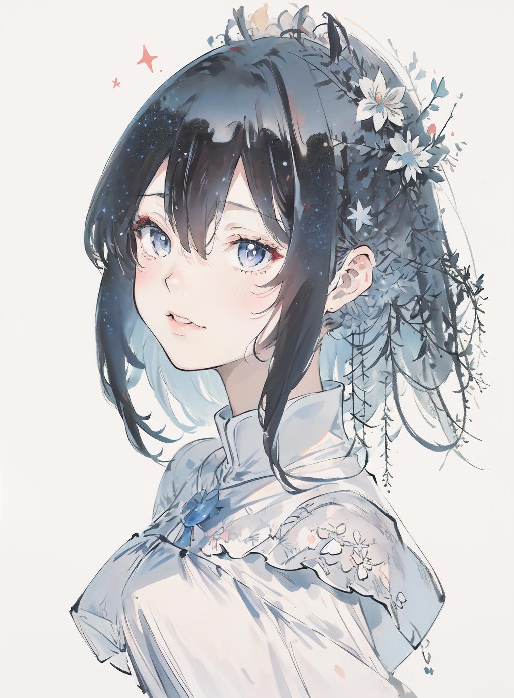 A cartoon girl with blue eyes and a white dress.