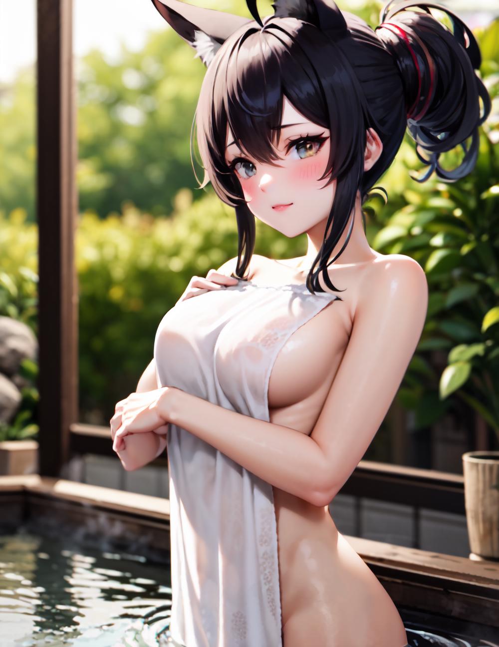 Anime character in a white towel, posing with a pout and a smile.
