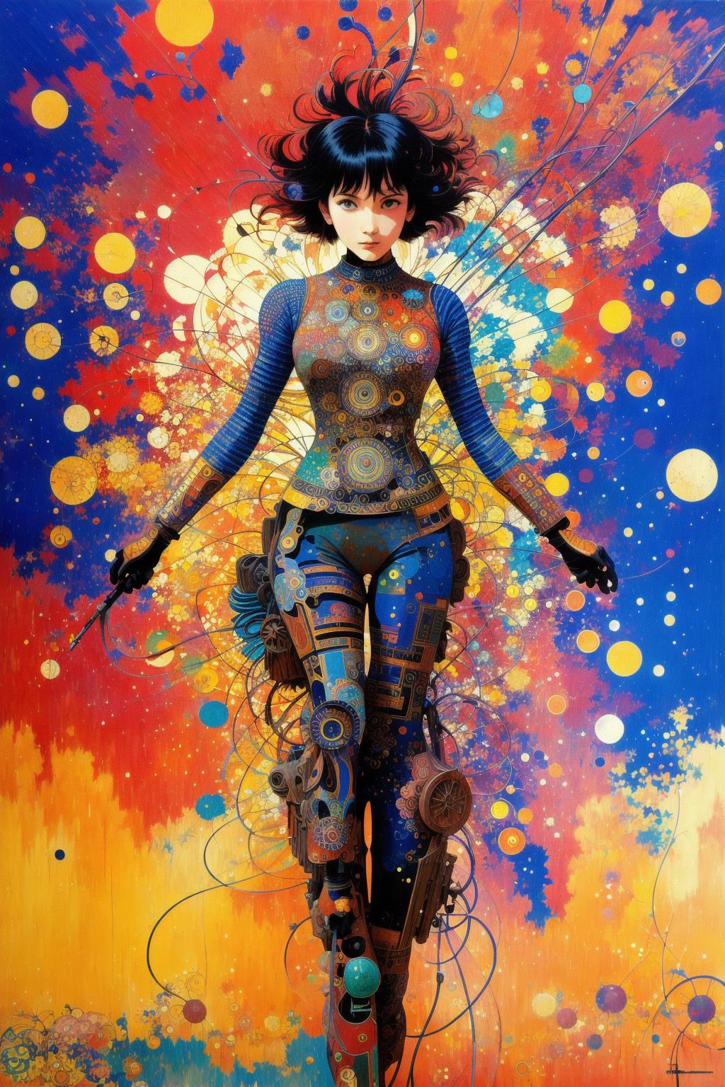 A woman in blue with chains and gears painted on her body stands in front of a colorful background.