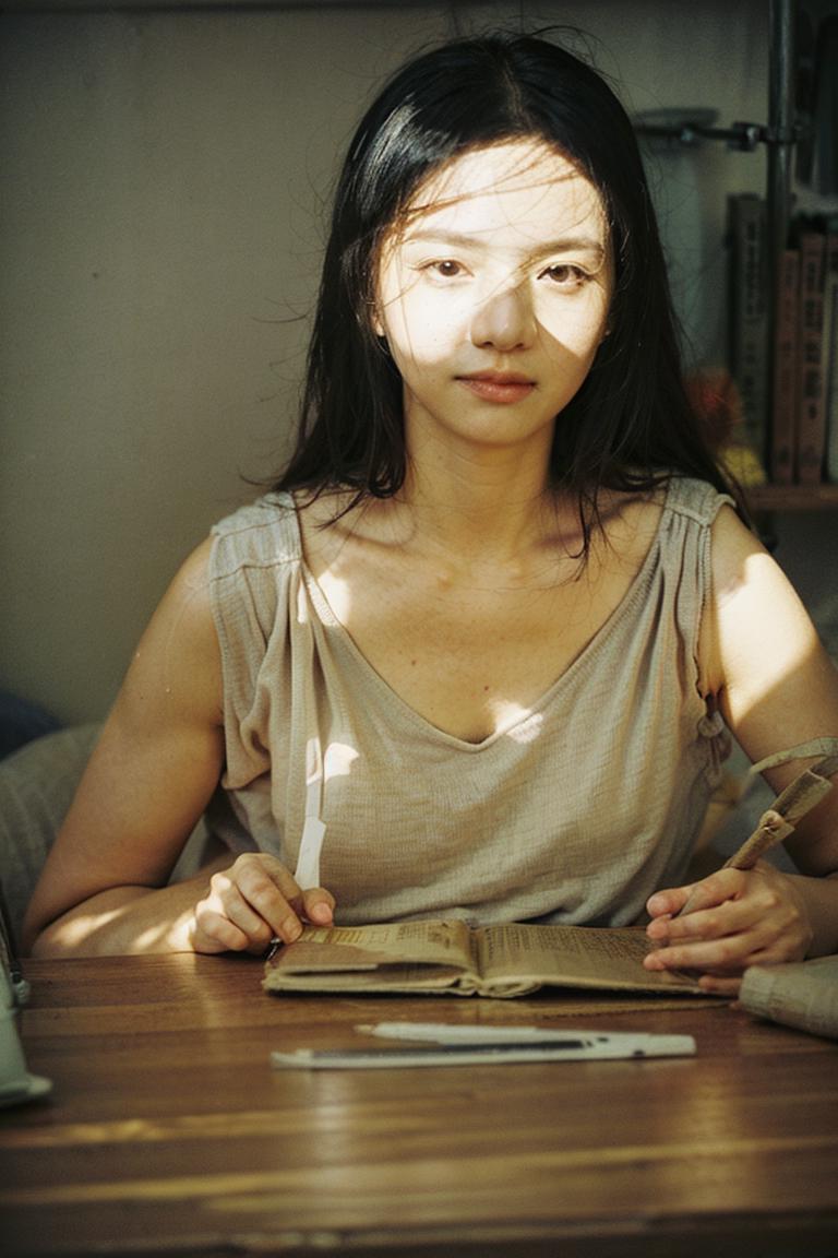Woman with a pen in her hand, looking at a book.