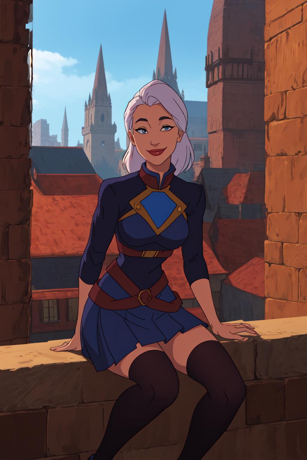 A cartoon woman in a blue dress and socks with a city in the background.