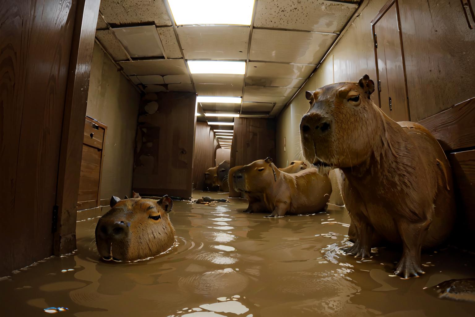 Three Animals, Two of which are Rodents, in a Flooded Room